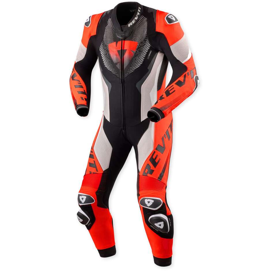 Combinaison de moto Rev'it Hyperspeed 3, gris clair et rouge fluo