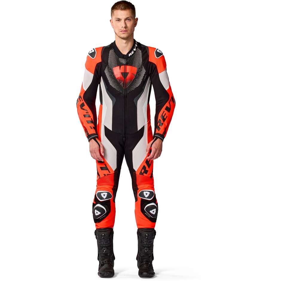 Combinaison de moto Rev'it Hyperspeed 3, gris clair et rouge fluo