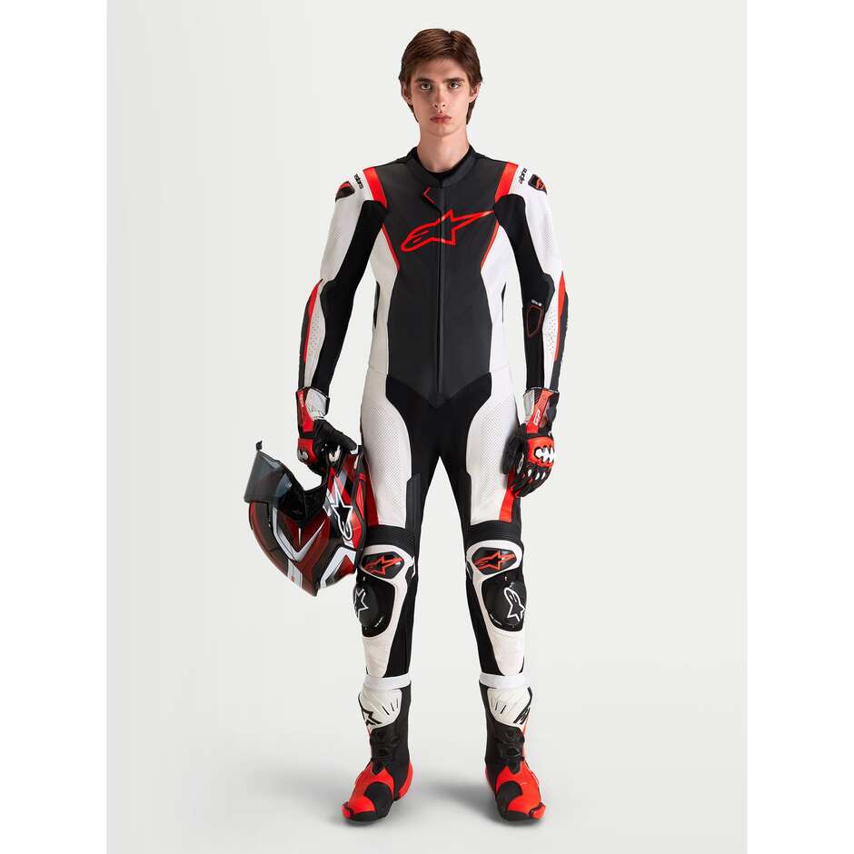 Combinaison en cuir Alpinestars Missile V3, une pièce, noir, blanc et rouge fluo