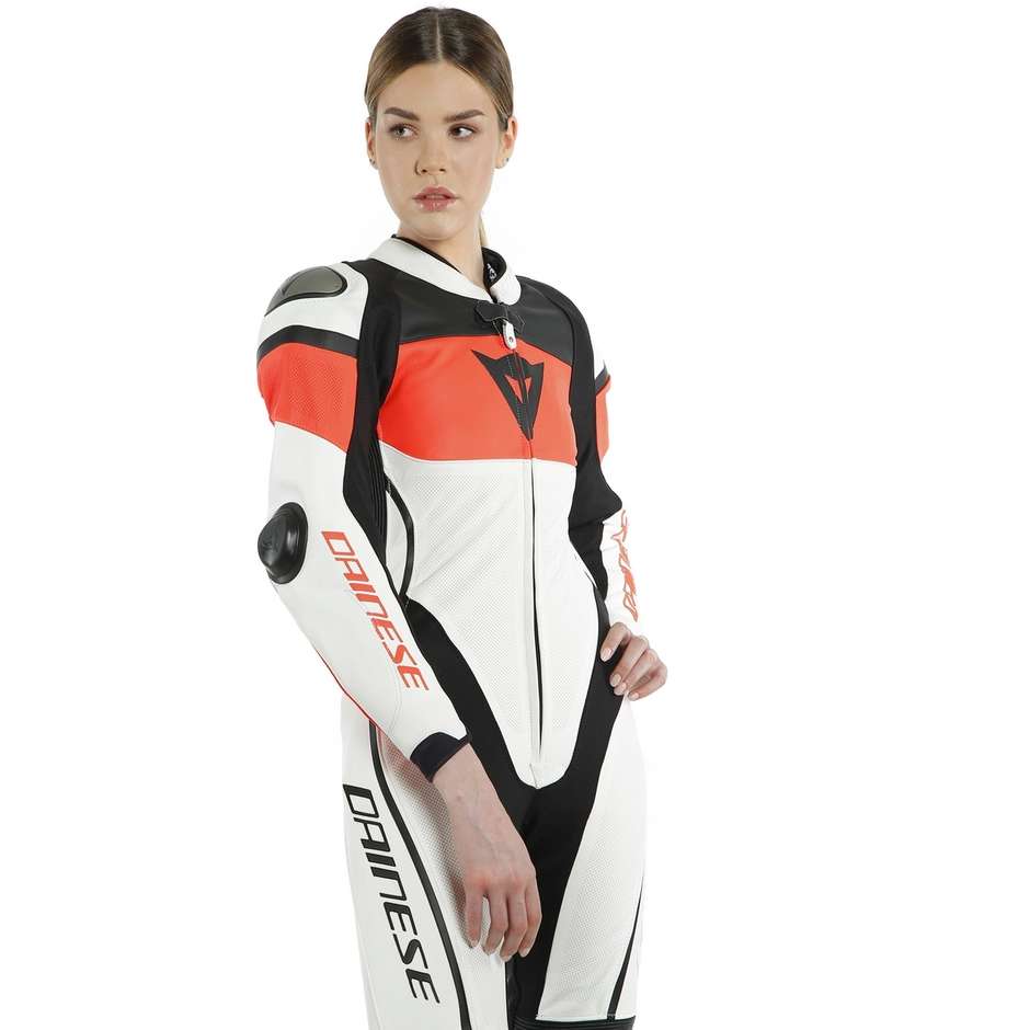 Combinaison Moto Racing Femme en Dainese IMATRA Lady 1pc Cuir Perforé Blanc Noir Rouge