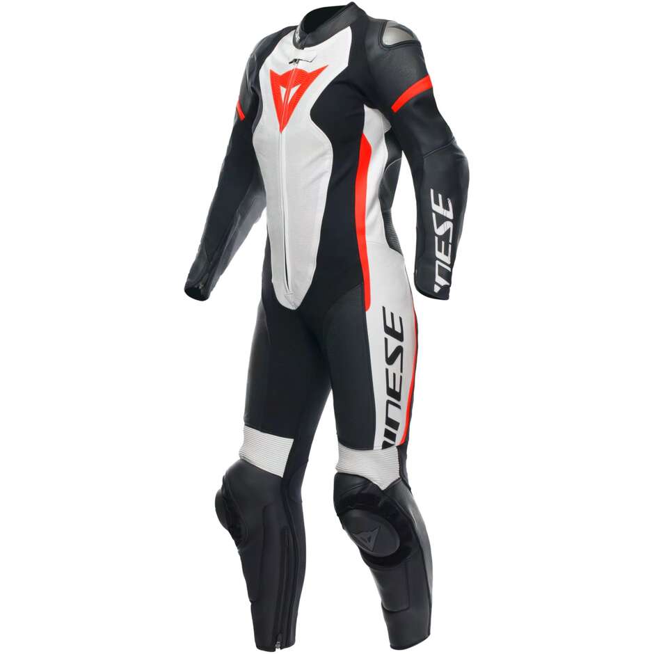Combinaison moto une pièce Dainese GROBNIK LADY 1PC PERF. pour femme # Noir Blanc Rouge Fluorescent