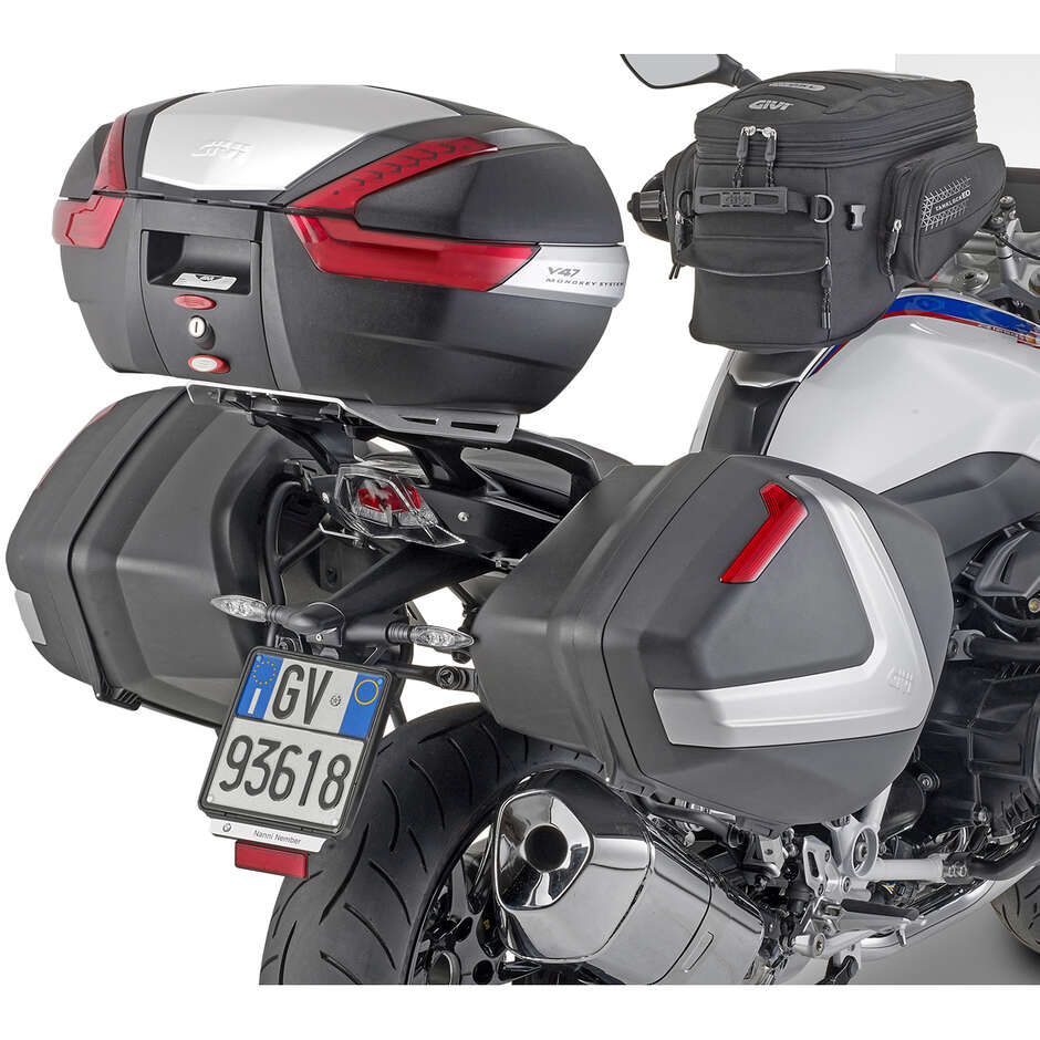 Coppia di Valigie Laterali Givi V37N Monokey Side 37 Lt. Nere Cover Argento Opaco Catadiottri Rossi