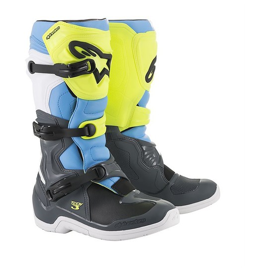 Cross Enduro Motorcycle Boots Alpinestars Tech 3 Cool Gray Yellow Fluo Cyan