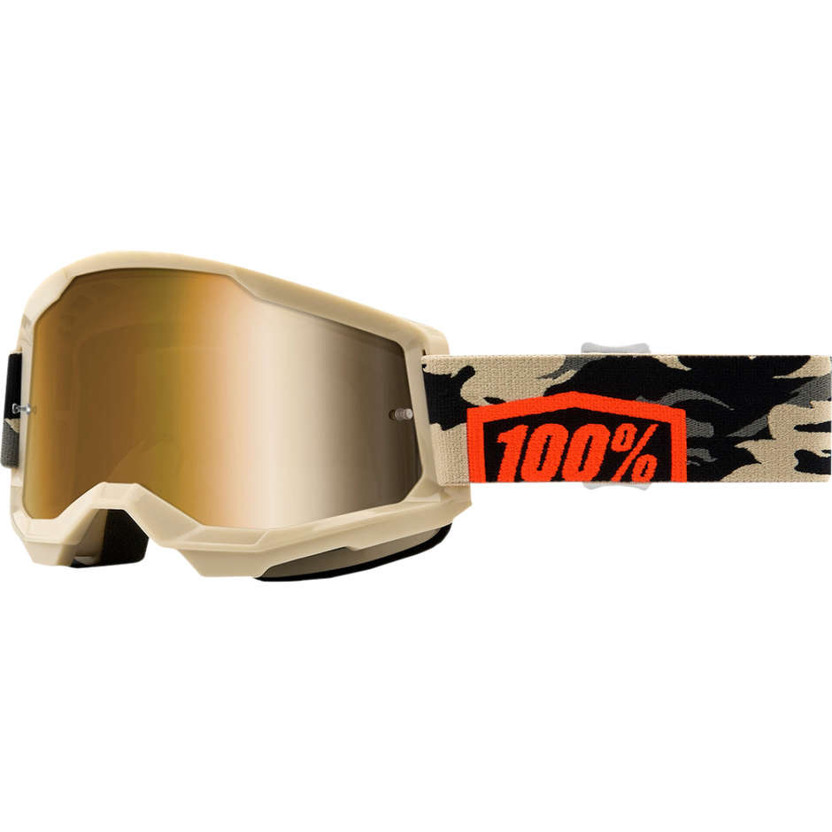 Cross Enduro Motorcycle Goggles 100% STRATA 2 Combat Gold Mirror Lens