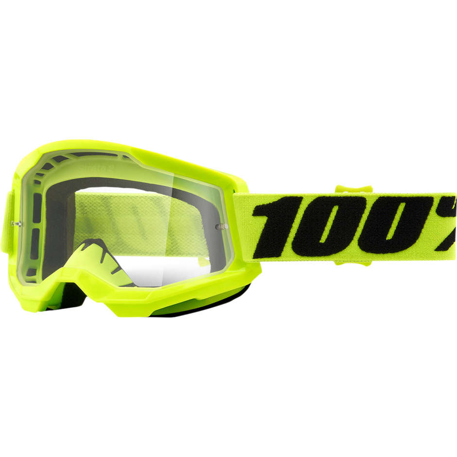 Cross Enduro Motorcycle Goggles 100% STRATA 2 Fluo Yellow Transparent Lens
