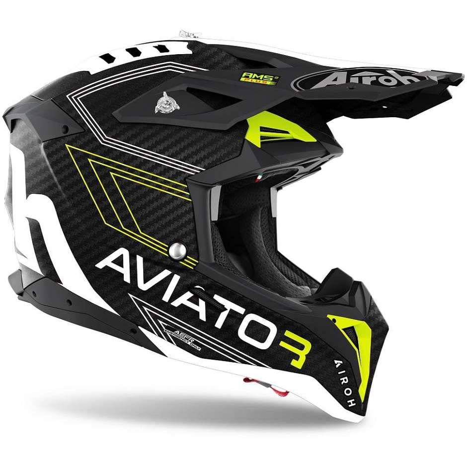 Cross Enduro Motorcycle Helmet In Carbon 3k Airoh AVIATOR 3 Primal Carbon 3k Yellow Fluo