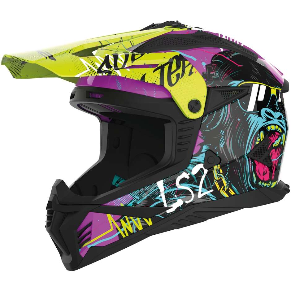 Cross Enduro Motorcycle Helmet Ls2 MX708 FAST 2 GORILLA Purple Yellow Fluo