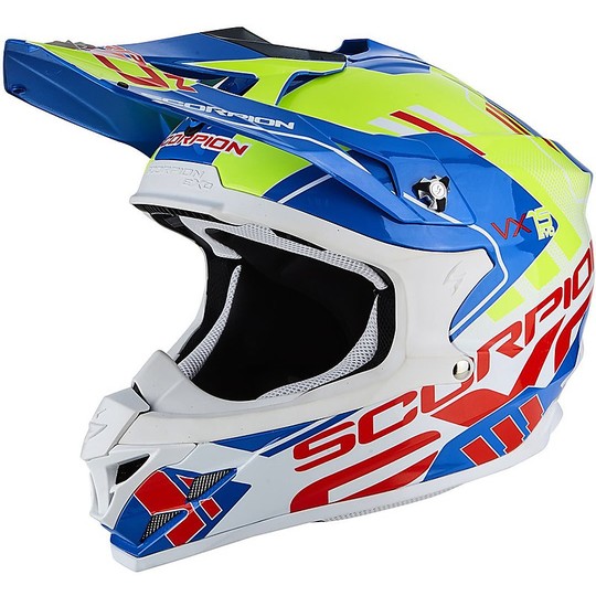 Cross Enduro Scuba Moto Helmet Scorpion VX-15 EVO Air Argo Blue Yellow Neon