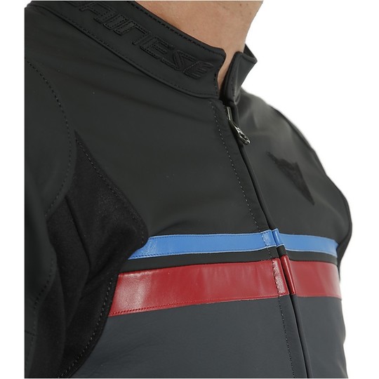 Custom Motorcycle Jacket In Dainese HF 3 Leather Black Ebony Red Blue