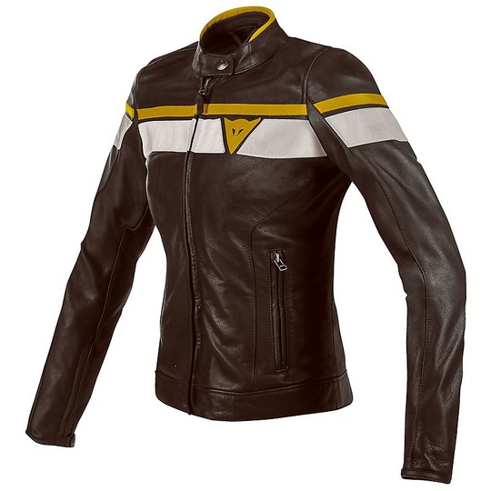 Dainese Lady Leather Motorcycle Jacket Model BlackJack Brown White Gold