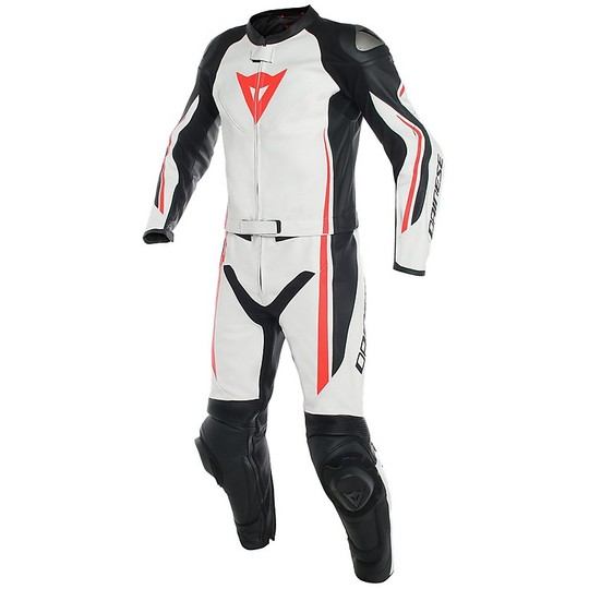 Dainese Leather Suit ASSEN 2pcs Divisible Black White Red Fluo