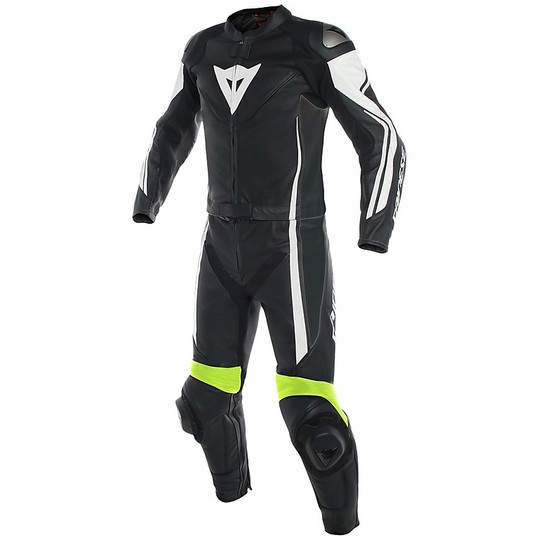 Dainese Leather Suit ASSEN 2pcs Divisible Black White Yellow Fluo