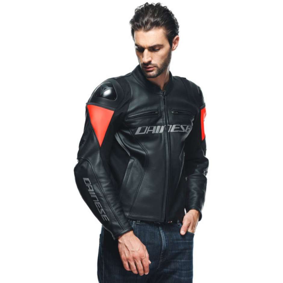 Dainese RACING 4 Leather Motorcycle Jacket Black Red Fluo