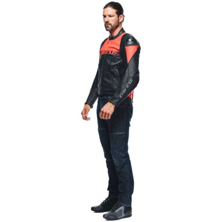Dainese RACING 4 Perforated Leather Motorcycle Jacket Black Red Fluo