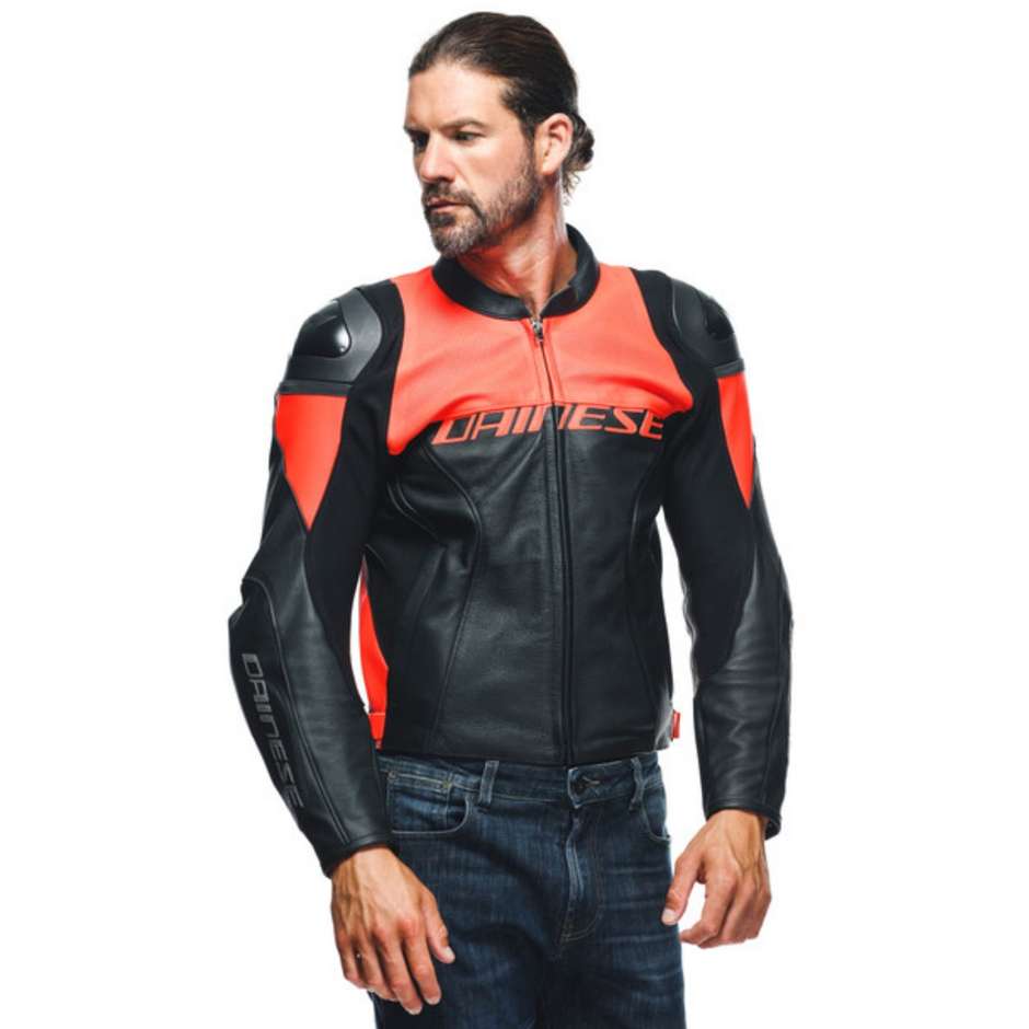 Dainese RACING 4 Perforated Leather Motorcycle Jacket Black Red Fluo