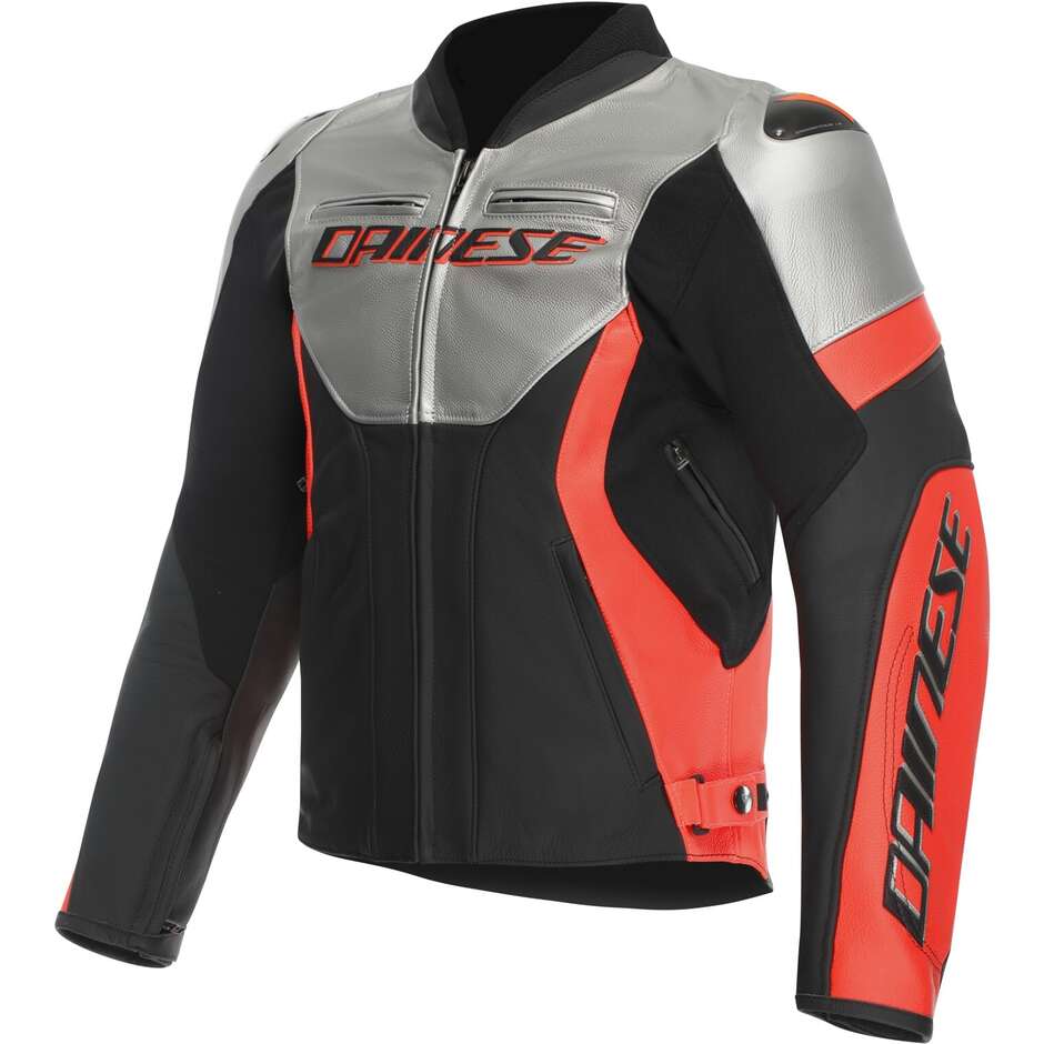 Dainese RACING 5 Silver Black Fluorescent Red Leather Motorcycle Jacket