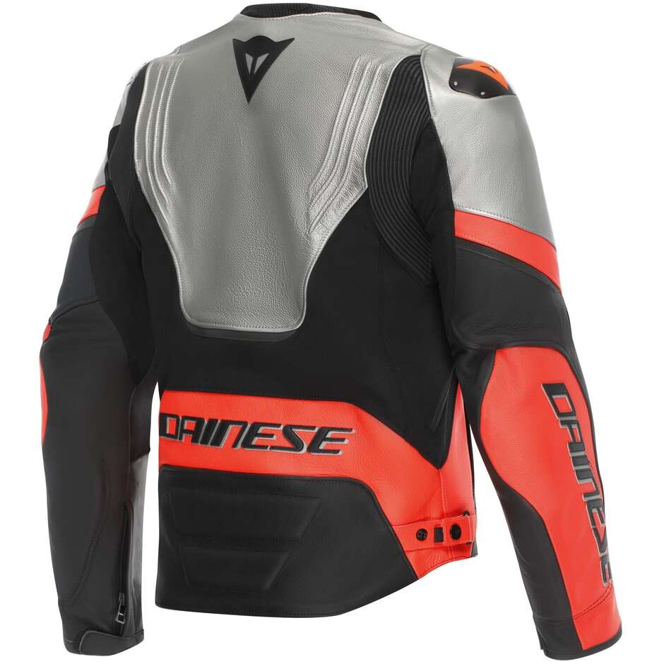 Dainese RACING 5 Silver Black Fluorescent Red Leather Motorcycle Jacket