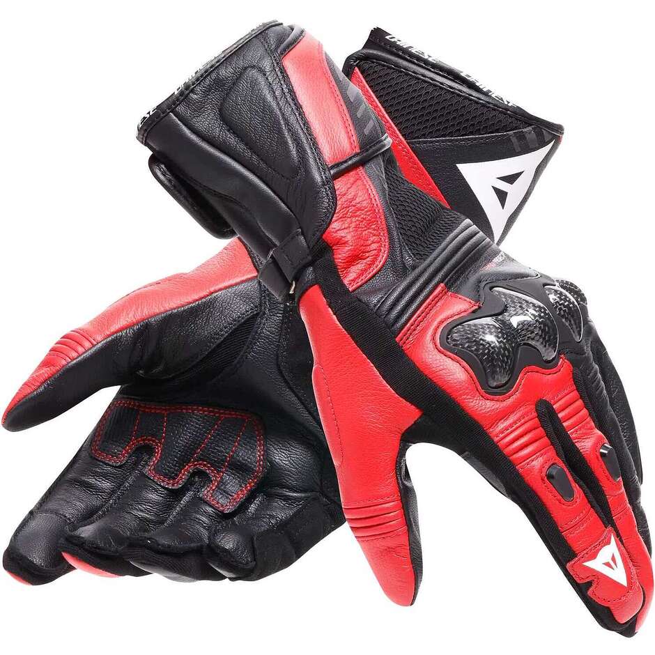 Dainese REACTO CARBON LANGE HANDSCHUHE Schwarz Lava Rot Leder Motorradhandschuhe