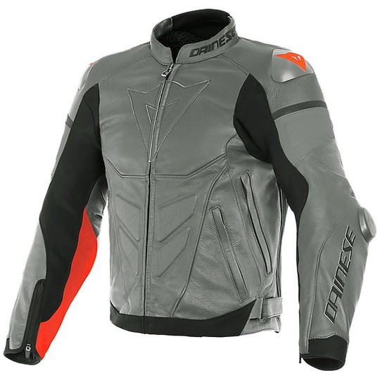 Dainese SUPER RACE Gray Red Fluo Leather Motorcycle Jacket