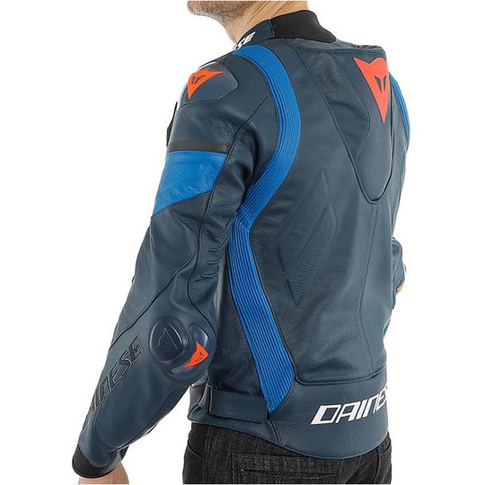 Dainese SUPER RACE Leather Motorcycle Jacket Black Iris Light Blue Red Fluo