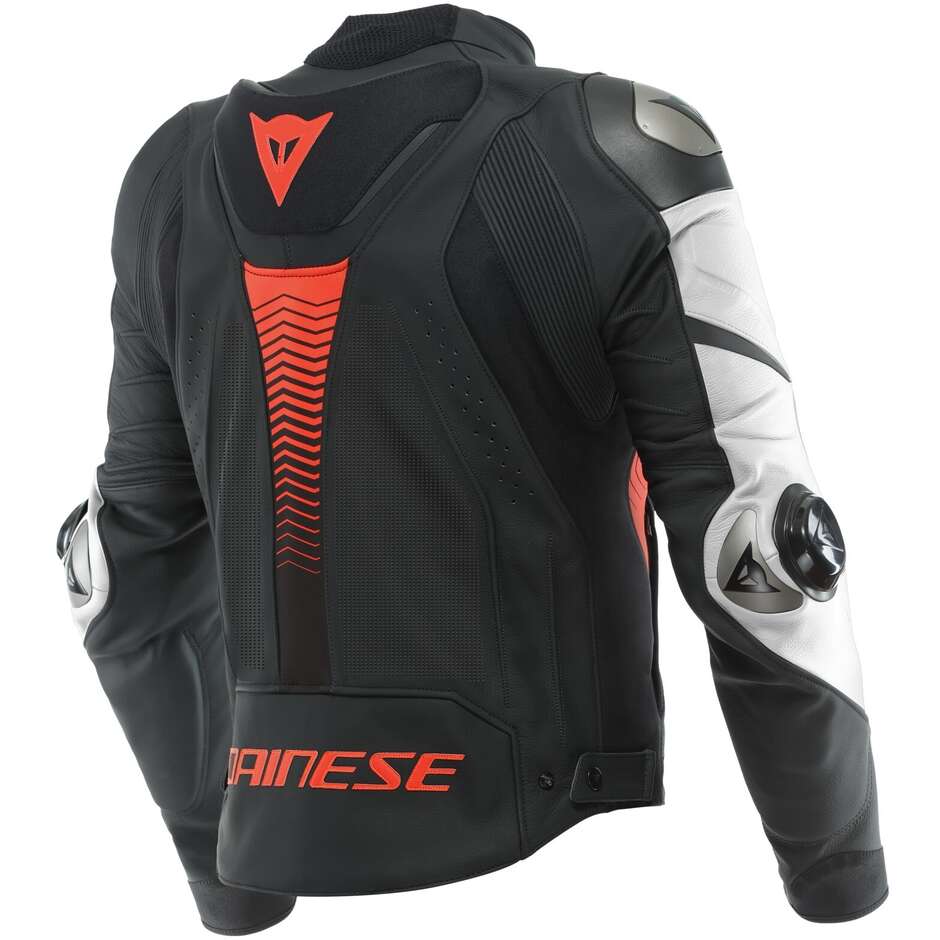 Dainese SUPER SPEED 4 Perforated Leather Motorcycle Jacket Matt Black White Fluo Red
