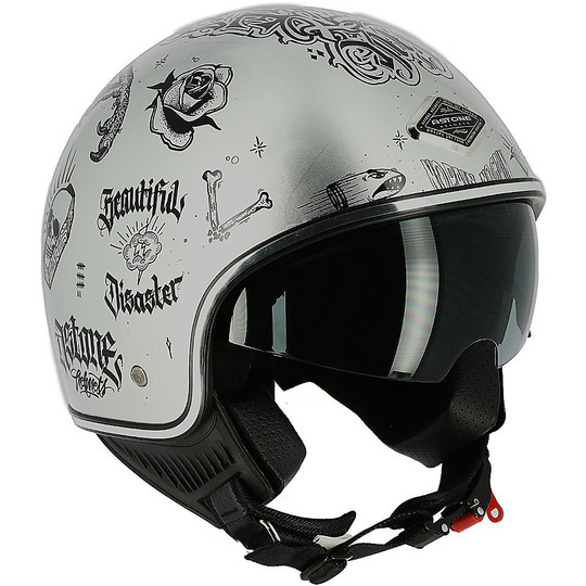 Demi Jet Motorcycle Helmet Custom Astone MINIJET 66 Flash Tattoo Silver
