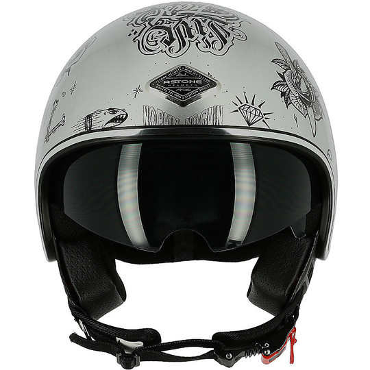 Demi Jet Motorcycle Helmet Custom Astone MINIJET 66 Flash Tattoo Silver