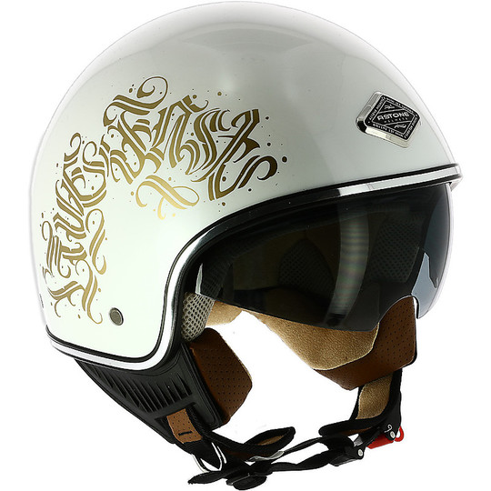Demi Jet Motorcycle Helmet Custom Astone MINIJET 66 White Letters Polished
