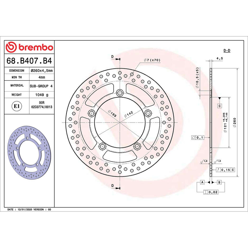 Disco Freno Moto Fisso Anteriore Brembo Serie Oro 260 mm 68B407B4 Per SUZUKI AN Burgman 400 (2003-2015 / 2023-2024) e altri modelli