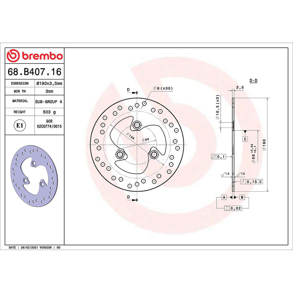 Disco Freno Moto Fisso Brembo Serie Oro 190 mm 68B40716