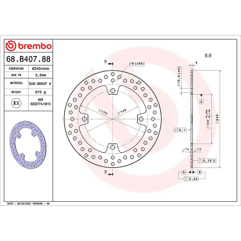 Disco Freno Moto Fisso Posteriore Brembo Serie Oro 240 mm 68B40788 Per SUZUKI RM-Z 450 (2005-2026); RM-Z 250 (2007-2026) e altri modelli