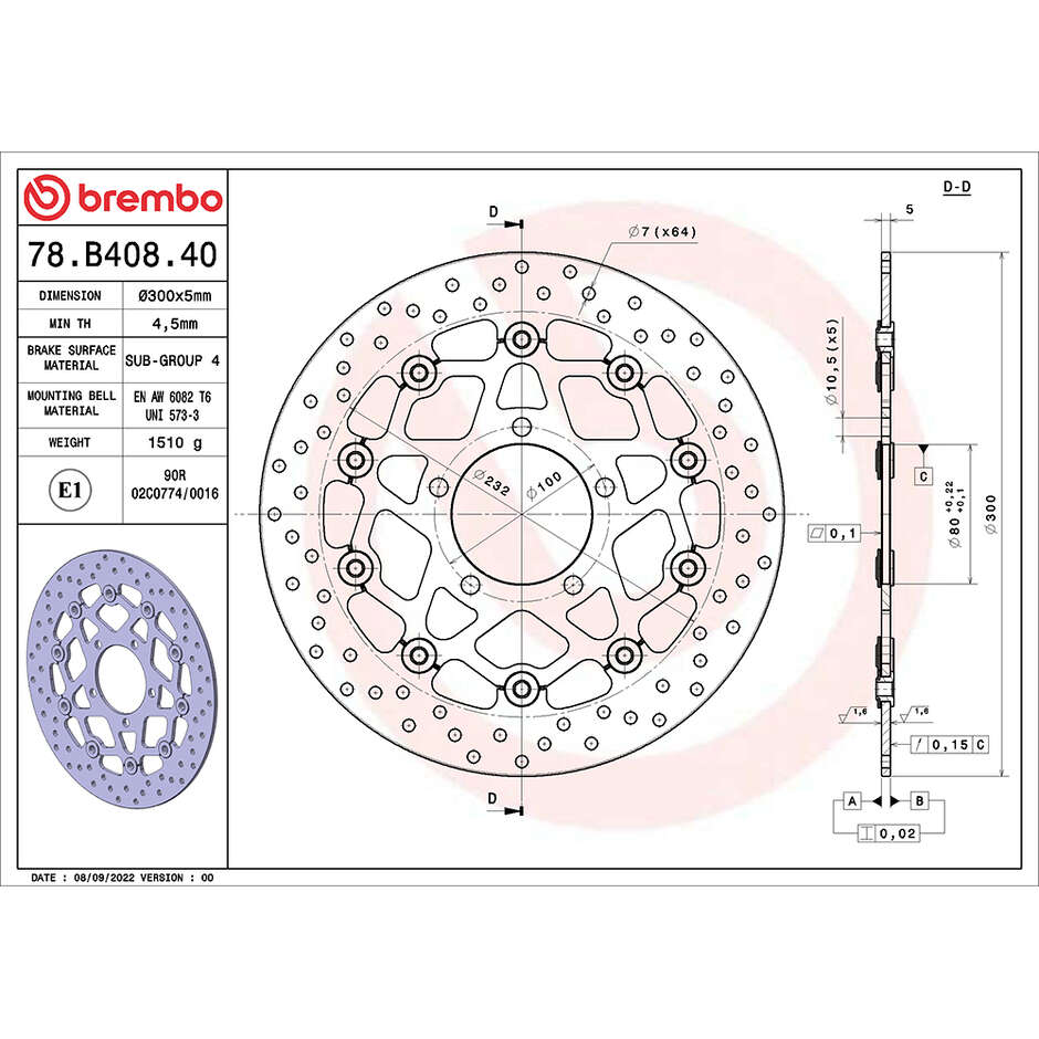 Disco Freno Moto Flottante Anteriore Brembo Serie Oro 300 mm 78B40840 Per KAWASAKI Z SX ABS (2011-2020); ER-6F (2005-2016) e altri modelli