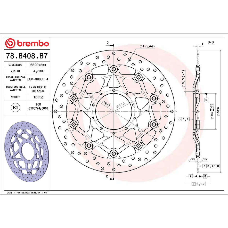 Disco Freno Moto Flottante Anteriore Brembo Serie Oro 320 mm 78B408B7 Per HONDA CBR RR (2017-2019); CBR RR SP (2017-2019)