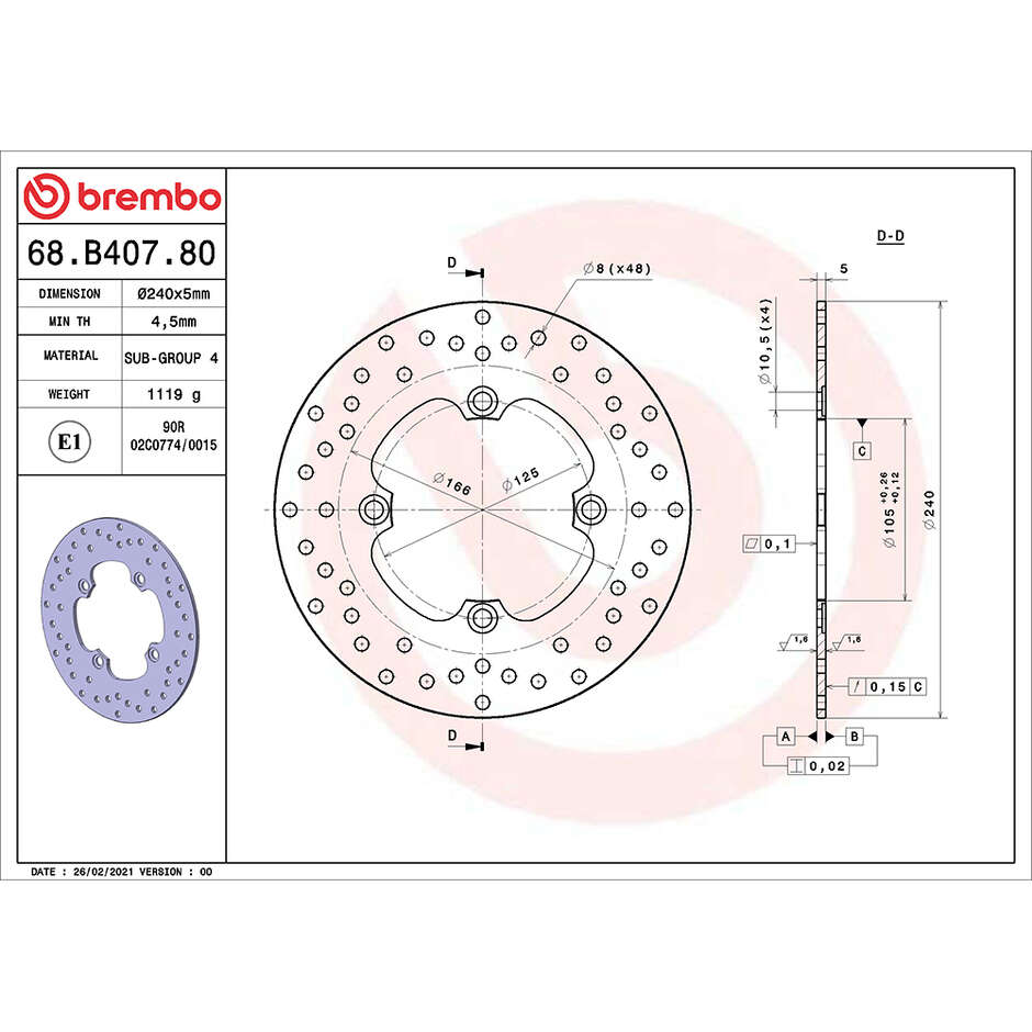 Disque de frein arrière fixe Brembo Gold Series 240 mm pour moto 68B40780