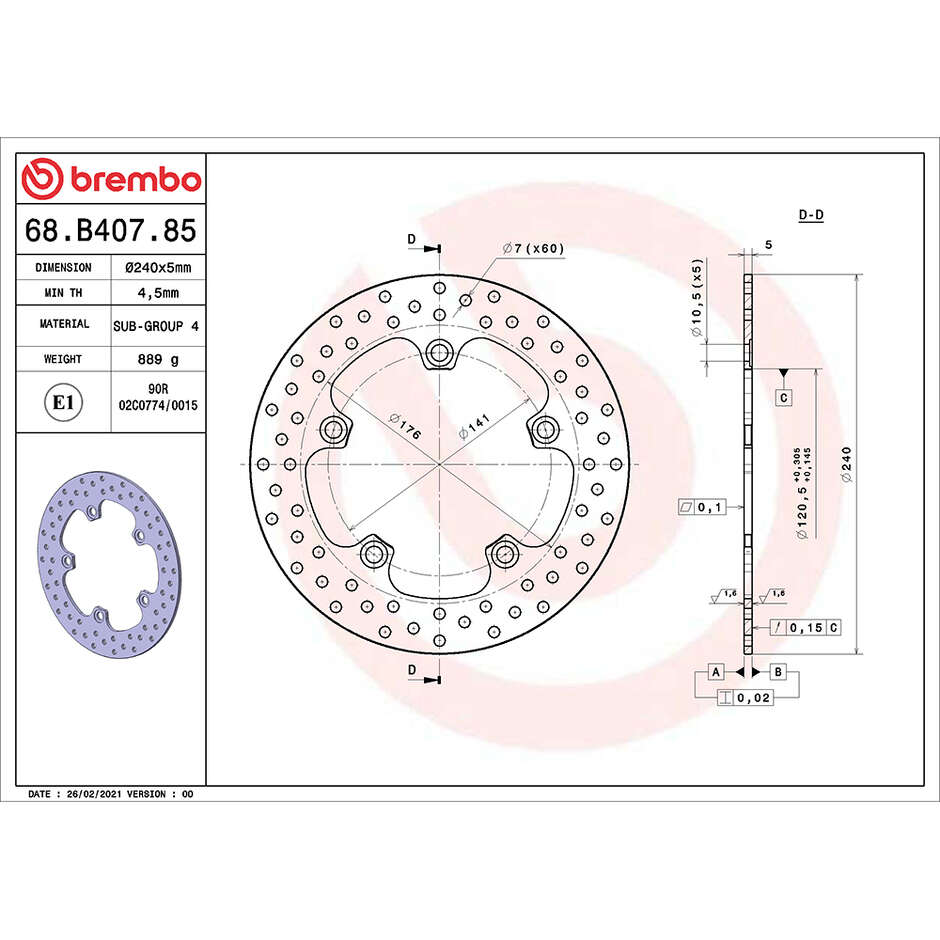 Disque de frein arrière fixe Brembo Gold Series 240 mm pour moto 68B40785
