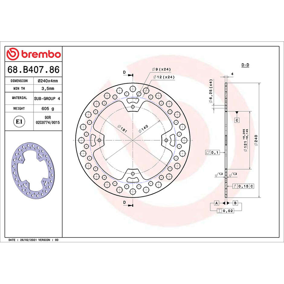 Disque de frein arrière fixe Brembo Gold Series 240 mm pour moto 68B40786