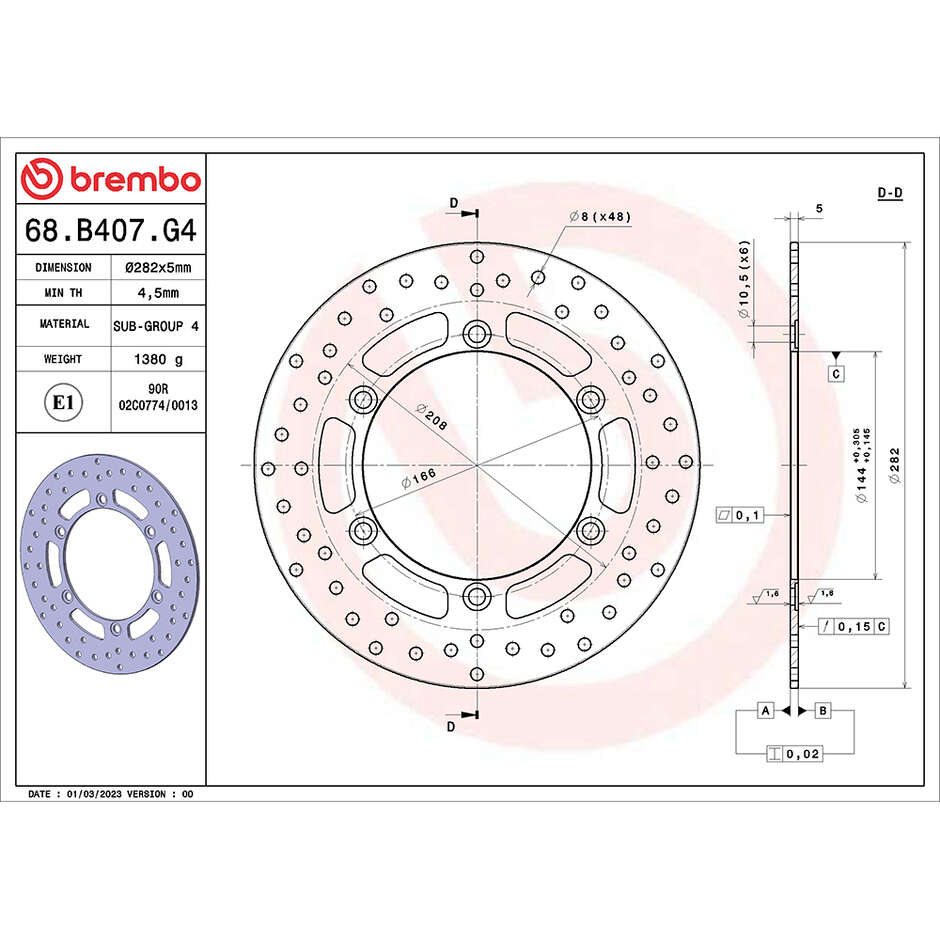 Disque de frein arrière fixe Brembo Gold Series 282 mm pour moto 68B407G4