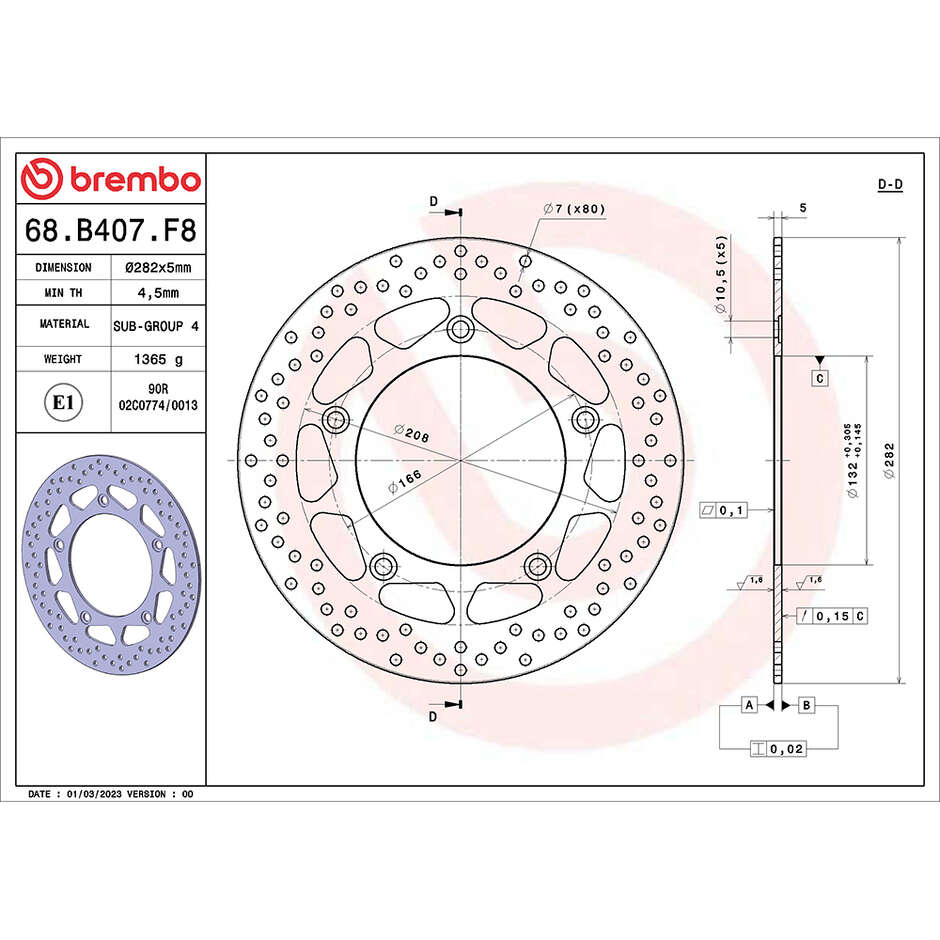 Disque de frein arrière fixe Brembo Gold Series 282 mm pour moto YAMAHA T-Max 560 (2022-2025) et autres modèles (réf. 68B407F8).