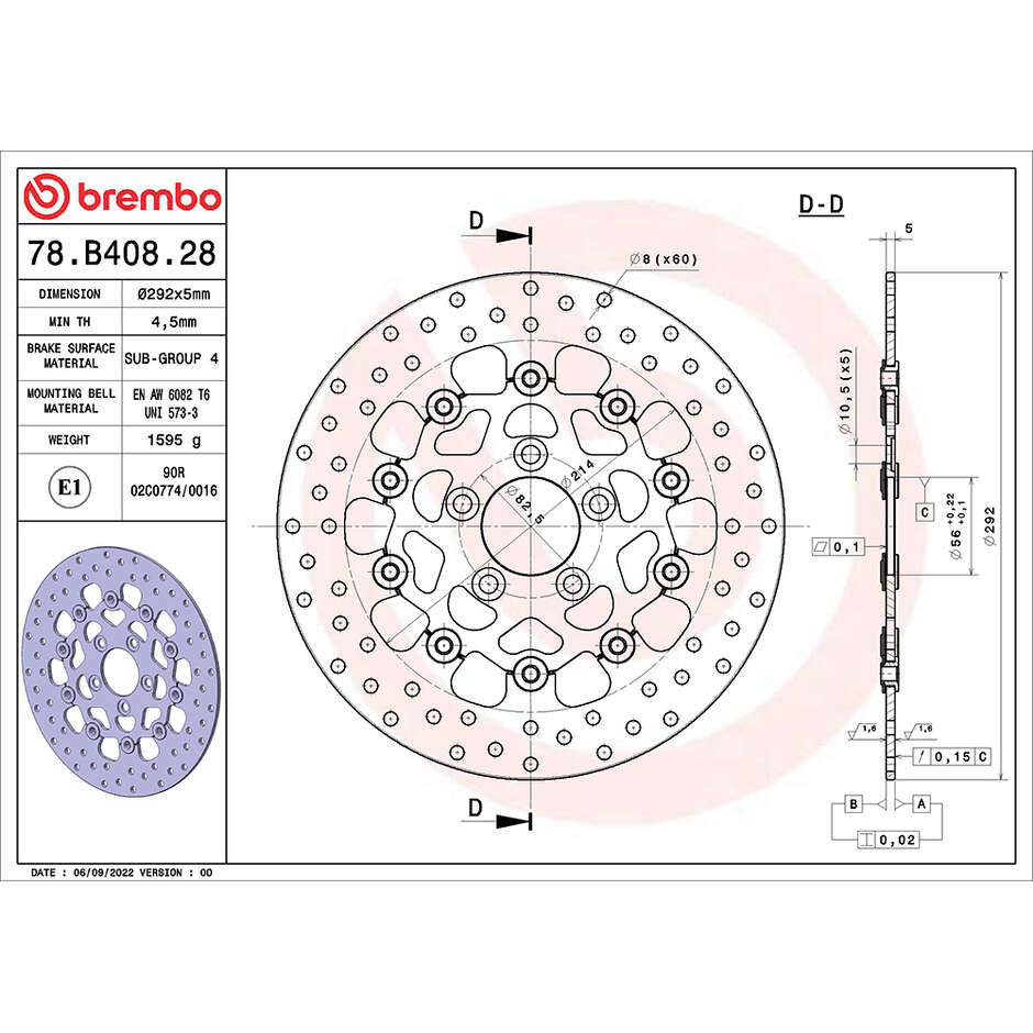 Disque de frein arrière flottant Brembo Serie Oro 292 mm pour moto 78B40828