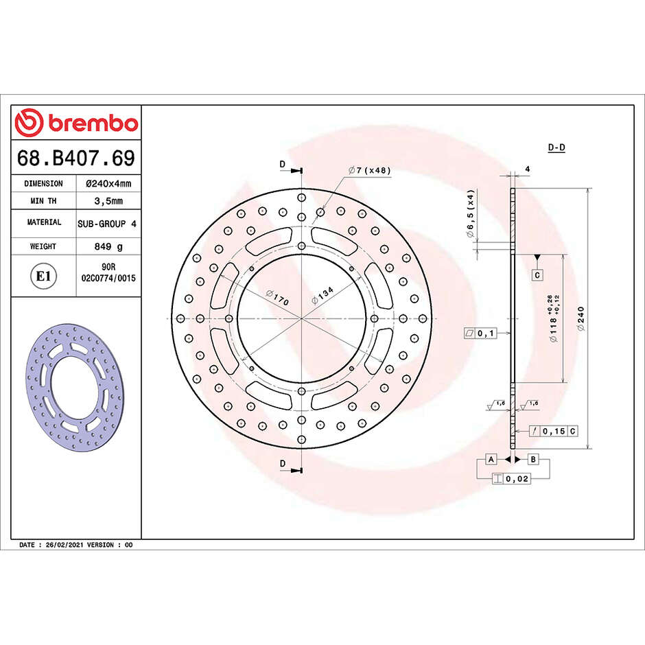 Disque de frein avant fixe Brembo Gold Series 240 mm pour moto 68B40769