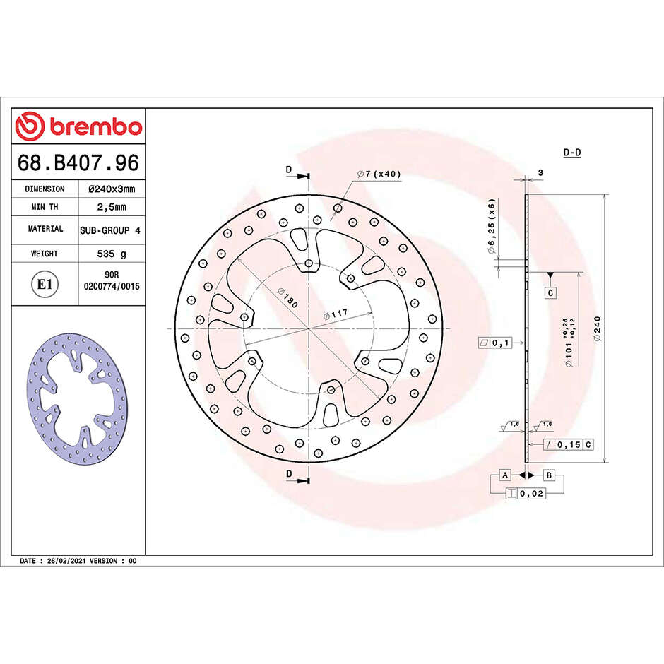 Disque de frein avant fixe Brembo Gold Series 240 mm pour moto 68B40796