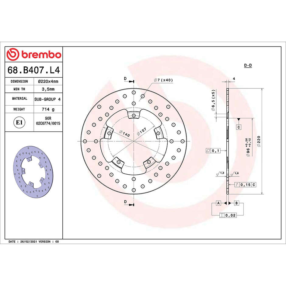 Disque de frein avant fixe Brembo Serie Oro 220 mm pour moto PIAGGIO FLY 4T 2V (2012-2017) et autres modèles