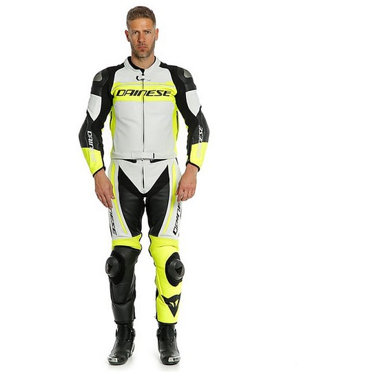Divisible Leather Motorcycle Suit 2pcs Dainese MISTEL White Yellow Fluo Black