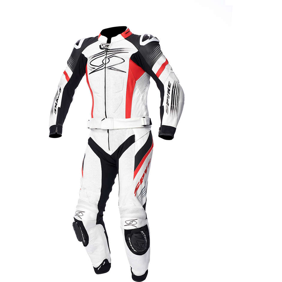 Divisible Motorcycle Suit in Spyke ESTORIL SPORT Leather White Black Red Fluo