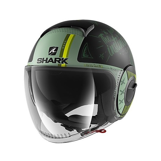 Double Visor Jet Motorcycle Helmet Shark NANO Tribute RM Mat Black Green Matt