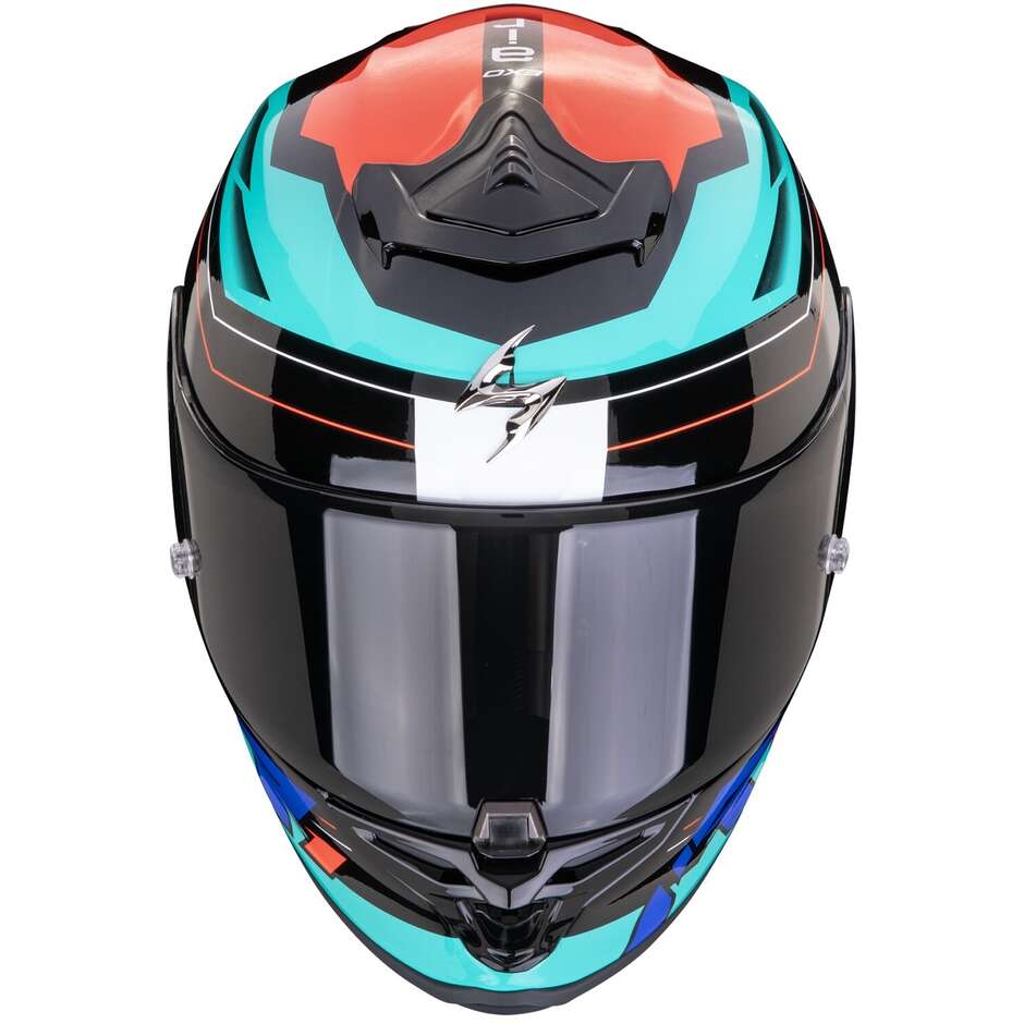 Full Face Motorcycle Helmet in Scorpion Fiber EXO R1 EVO AIR BLAZE Black Blue Red
