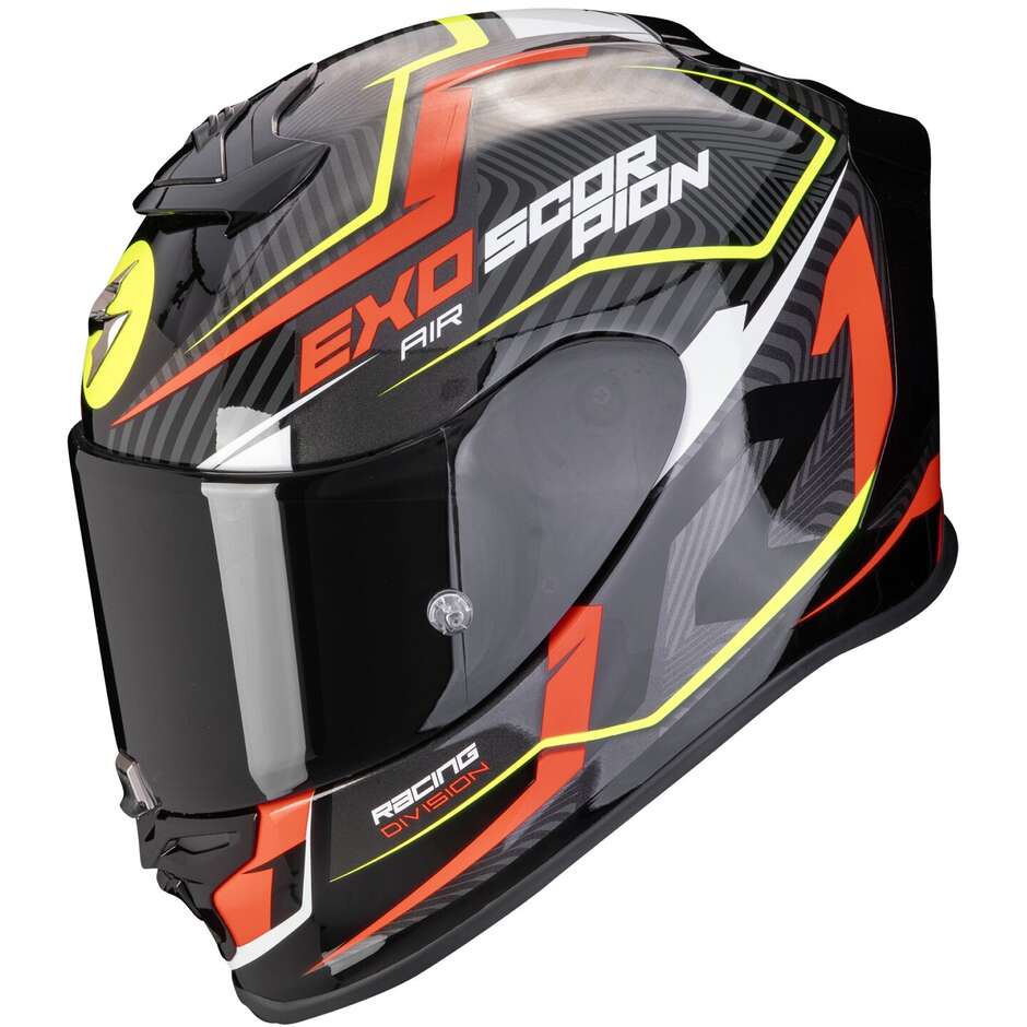 Full Face Motorcycle Helmet in Scorpion Fiber EXO R1 EVO AIR COUP Black Red Neon Yellow
