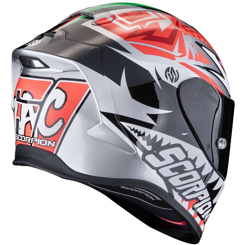Full Face Motorcycle Helmet in Scorpion Fiber EXO R1 EVO AIR ZACCONE REPLICA Silver Black Red