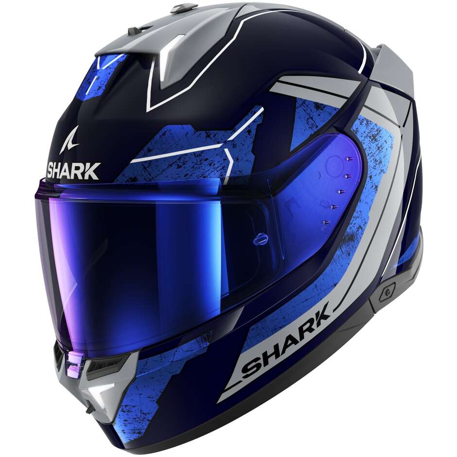 Full Face Motorcycle Helmet With LED Shark SKWAL i3 RHAD Blue Chrome Silver