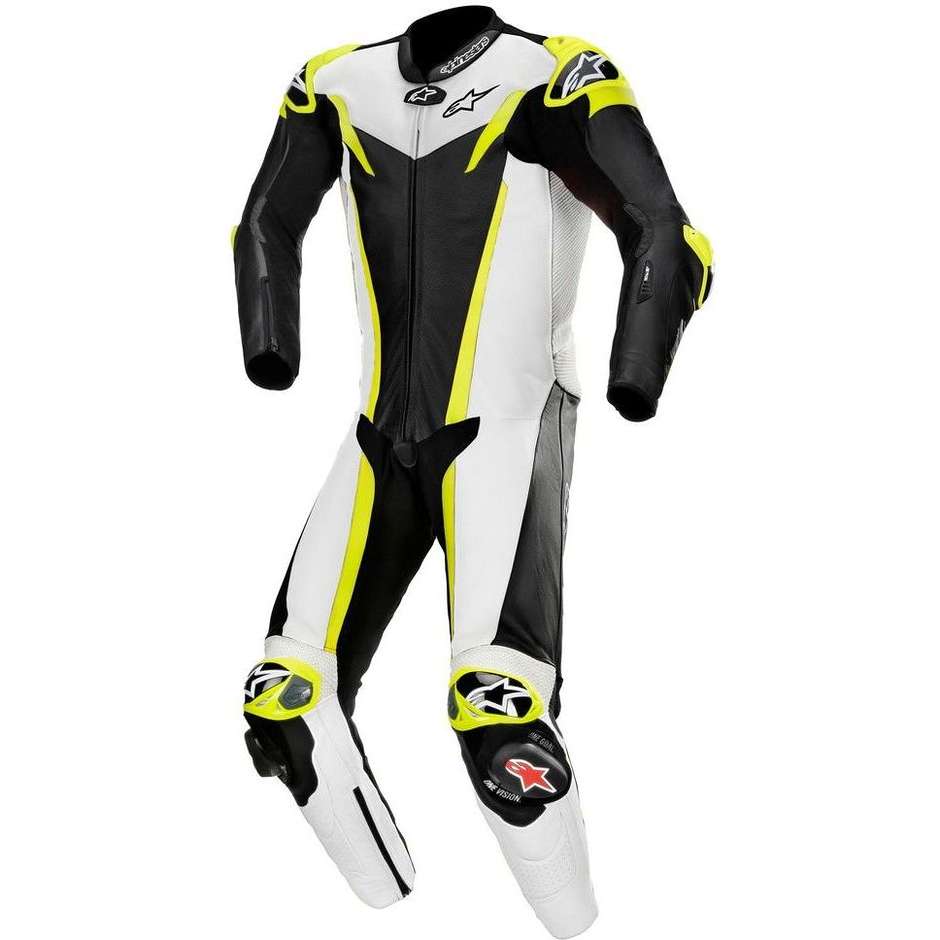 Full Leather Motorcycle Racing Suit Alpinestars GP PRO v3 1pc Tech-Air White Yellow Fluo